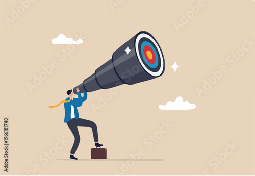Search for business target or goal, mission or objective to achieve, discover purpose or find strategy to reach goal or destination concept, businessman look through telescope to find target