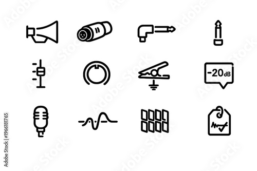 A collection of twelve minimalist line icons representing audio