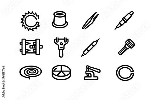 A collection of twelve minimalist line icons representing watchmaking
