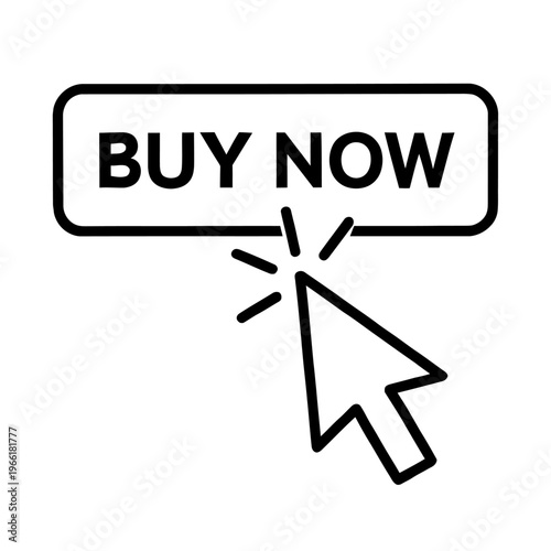 Buy Now Vector Illustration - Digital Retail Character with Button and Cursor for E-Commerce CTA, Holiday Marketing, and Online Shopping Icons. Modern Black and White Line Art.