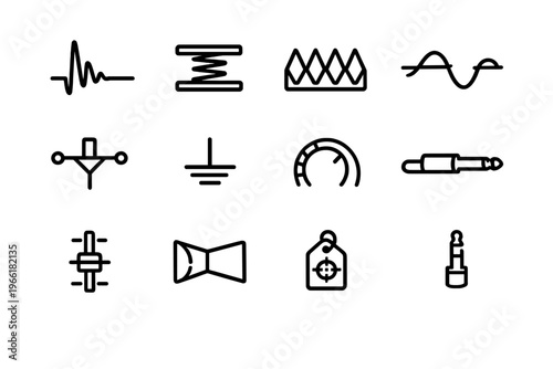 A collection of twelve minimalist black line icons representing audio