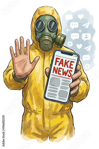 Illustration of person in yellow hazmat suit holding phone with fake news. Conceptual art of gas mask character protecting against toxic digital misinformation. Information hygiene vector concept 