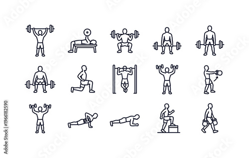 Collection of line art icons representing various strength training exercises for a full body workout