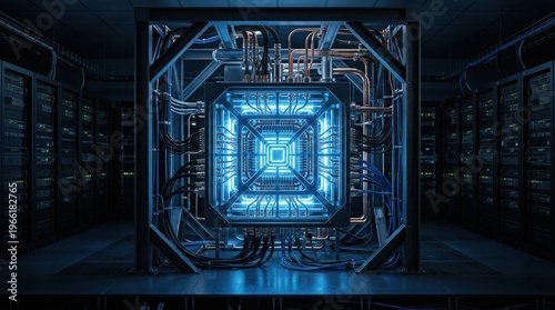 Quantum computer hardware with glowing blue circuits in a data center