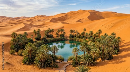 Aerial view of a serene desert oasis with a pond surrounded by palm trees and sand dunes under a blue sky with clouds.