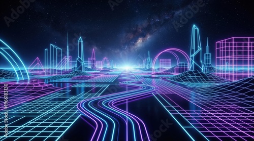 Neon lit futuristic cityscape with glowing purple and blue lines and geometric shapes under a starry night sky with a bright light in the distance creating a vibrant cyberpunk atmosphere.