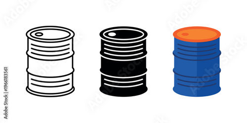 Set of three oil barrel icons in different styles for energy supply representation