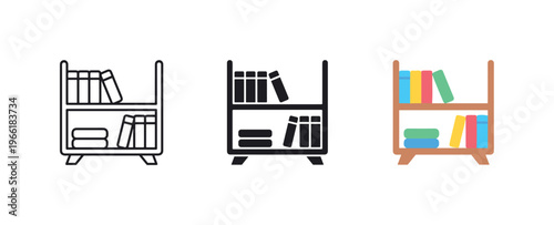 Collection of bookshelf icons in outline, solid, and color styles