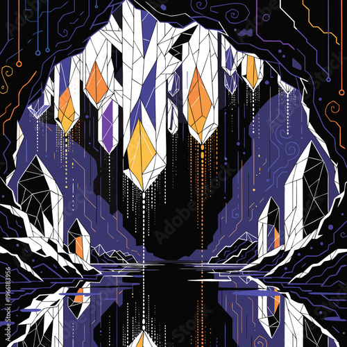 Abstract digital crystal cave landscape with glowing geometric formations and circuit board patterns in a dark cavern
