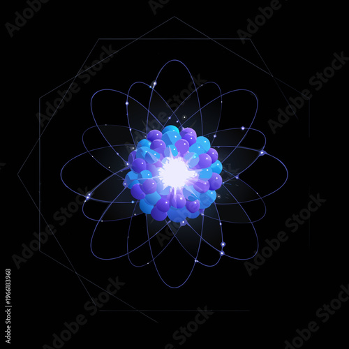Abstract illustration of a glowing atom with orbiting electrons and a dense nucleus of protons and neutrons