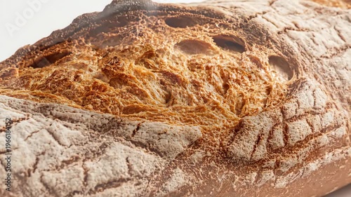 A crusty baguette with a gloriously golden brown crust rests against a clean background, radiating freshness.