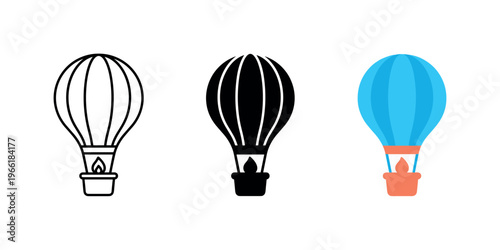 Hot air balloon icons in outline, silhouette, and colorful flat design styles