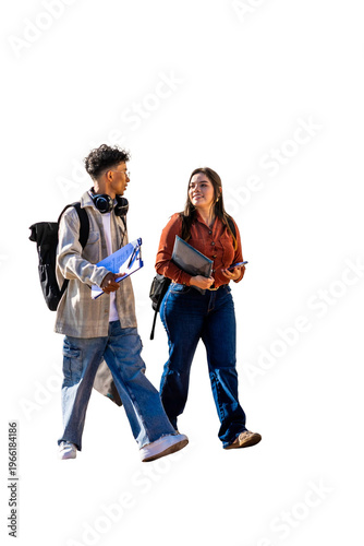 University students walking together, carrying books and backpacks, discussing while studying. PNG