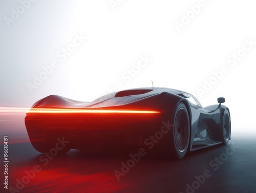 Sleek futuristic sports car with glowing red taillights speeding on a track