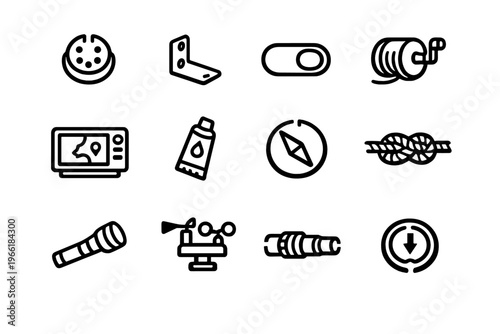 A set of twelve minimalist black and white line icons representing