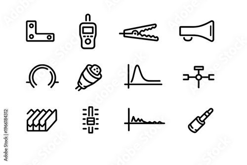 Set of twelve black line icons representing audio engineering and