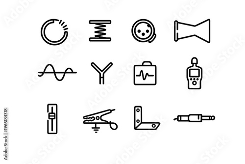 A set of twelve minimalist black line icons representing electronic