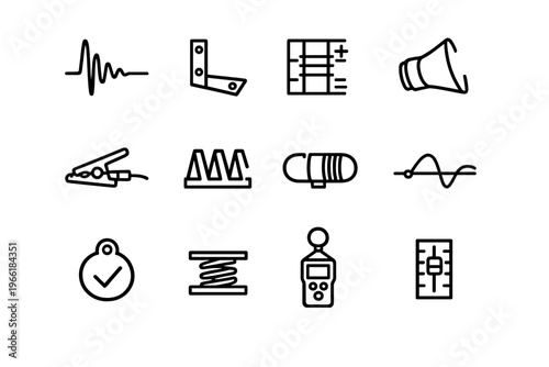 A collection of twelve minimalist line icons representing acoustics