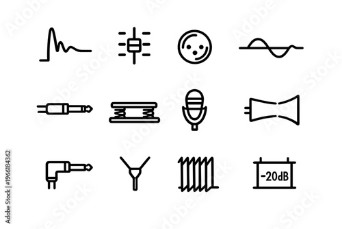 A collection of twelve minimalist black line icons representing
