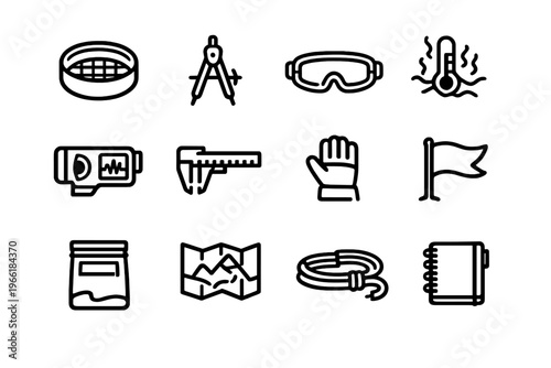 A set of twelve black line icons representing geology and field