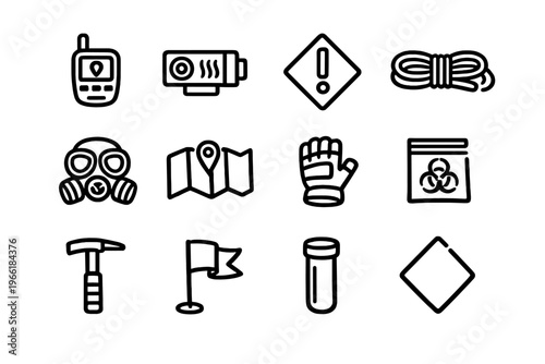 A collection of twelve hand-drawn icons featuring exploration and