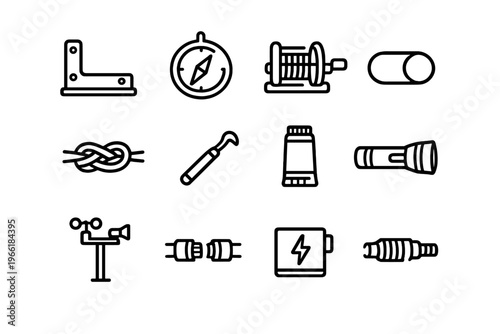 A collection of twelve minimalist black and white line icons