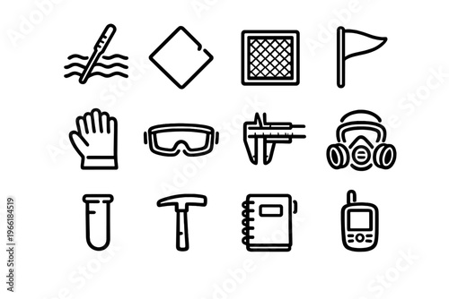 A collection of twelve black line icons representing geology and