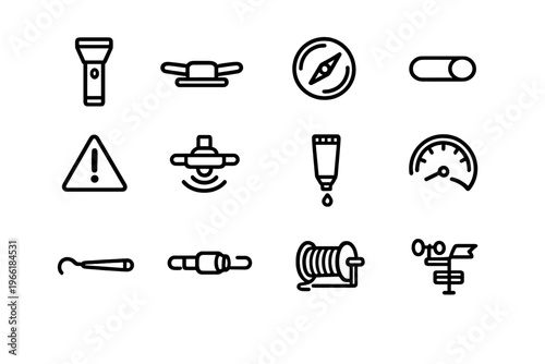 A collection of twelve black line icons on a white background
