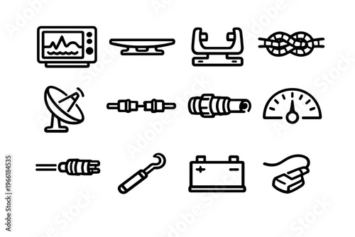 A collection of twelve minimalist black line icons representing