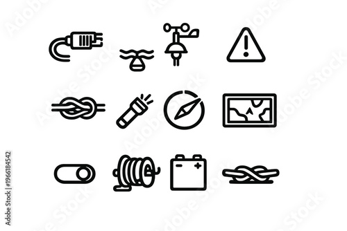 Collection of twelve black line icons featuring marine and sailing