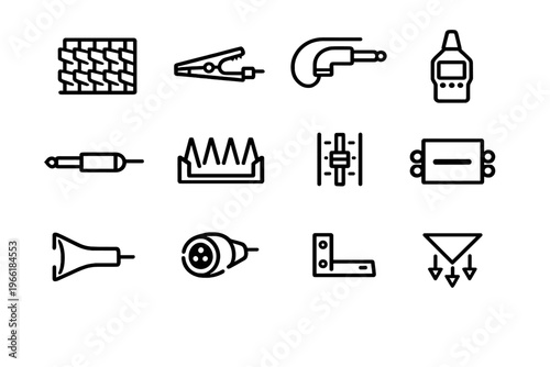 A collection of twelve minimalist line icons representing audio