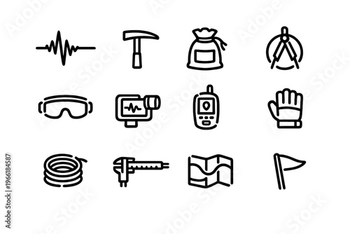 A set of twelve minimalist line icons representing geological field