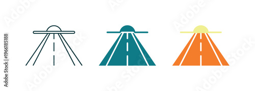 Three stylized icons depicting a road leading to a UFO or flying saucer
