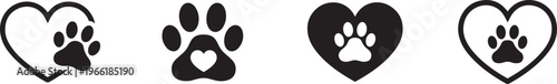 Four heart and paw print vector graphic illustrations for pet lovers and animal designs