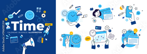 Best illustration Time: Marketing, SEO, Innovate, teamwork, 