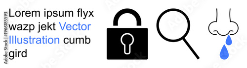 Security, privacy, research, analysis, health conditions, abstract data. A padlock, magnifying glass and dripping nose with bold visuals. Security and research in a minimal style