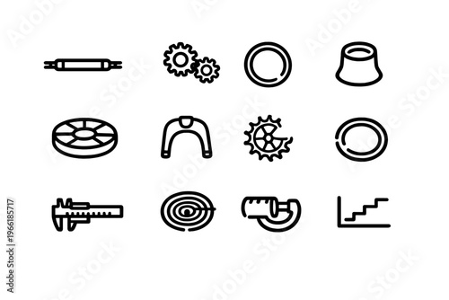 A collection of twelve minimalist black line icons representing