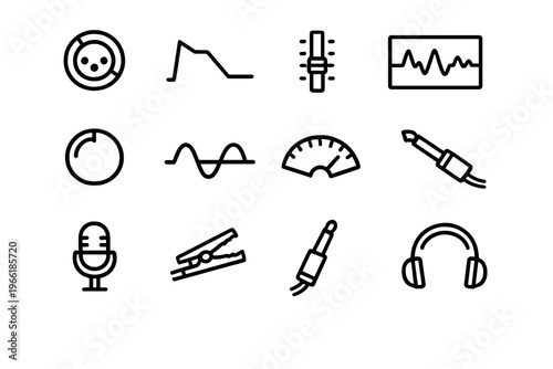 A collection of twelve minimalist black line icons representing audio