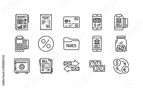Financial icons collection representing budgeting, payments, savings, and taxes