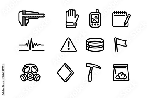 A set of 12 minimalist black line icons representing geology and