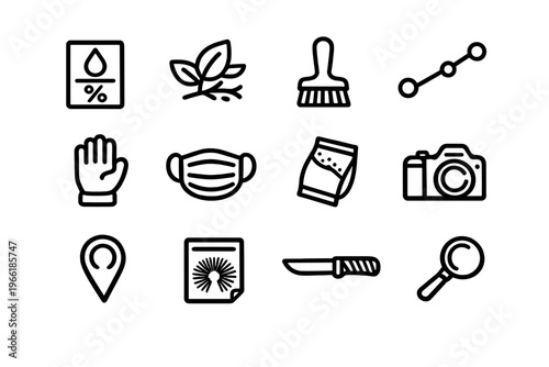 A set of 12 black and white line icons related to forensic science