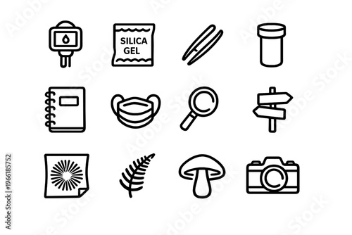 A set of twelve minimalist black line icons depicting tools for field