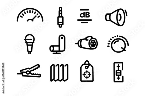 Set of twelve black and white line icons featuring audio and