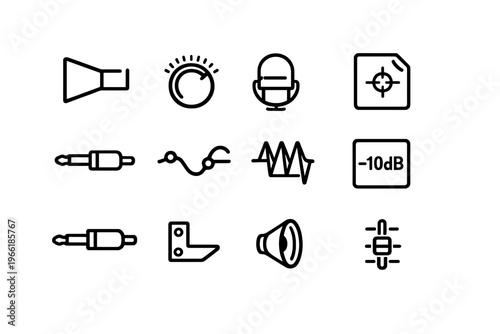 A collection of twelve minimalist line icons representing audio