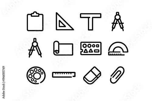 A collection of twelve minimalist line icons representing drafting