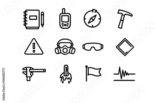 A collection of twelve black and white line icons representing