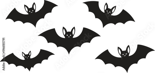 Five black bats flying in different directions on white background illustration design
