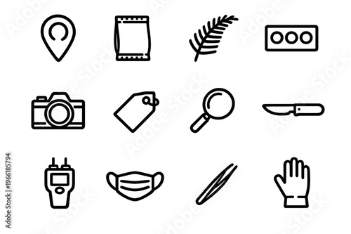 Forensic investigation icon set featuring evidence collection tools