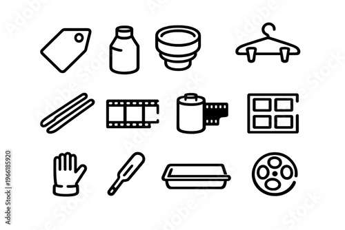 A collection of twelve minimalist black line icons representing