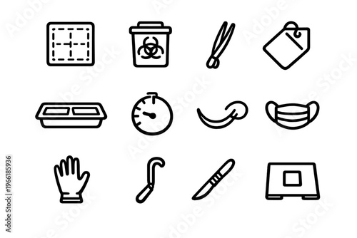 A collection of twelve minimalist medical and surgical line icons on